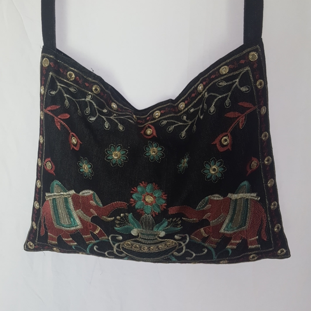 Elephant Embroidered Pink Blue Denim Tote